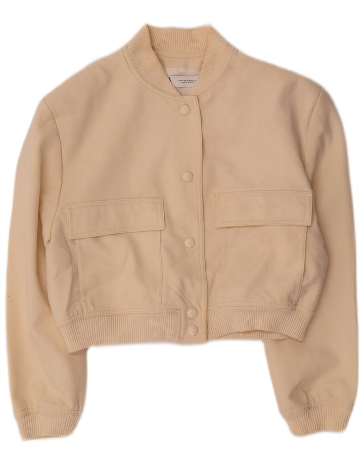 Zara Mujer Crop Bomber Jacket UK 44 Viscosa Beige Mediana