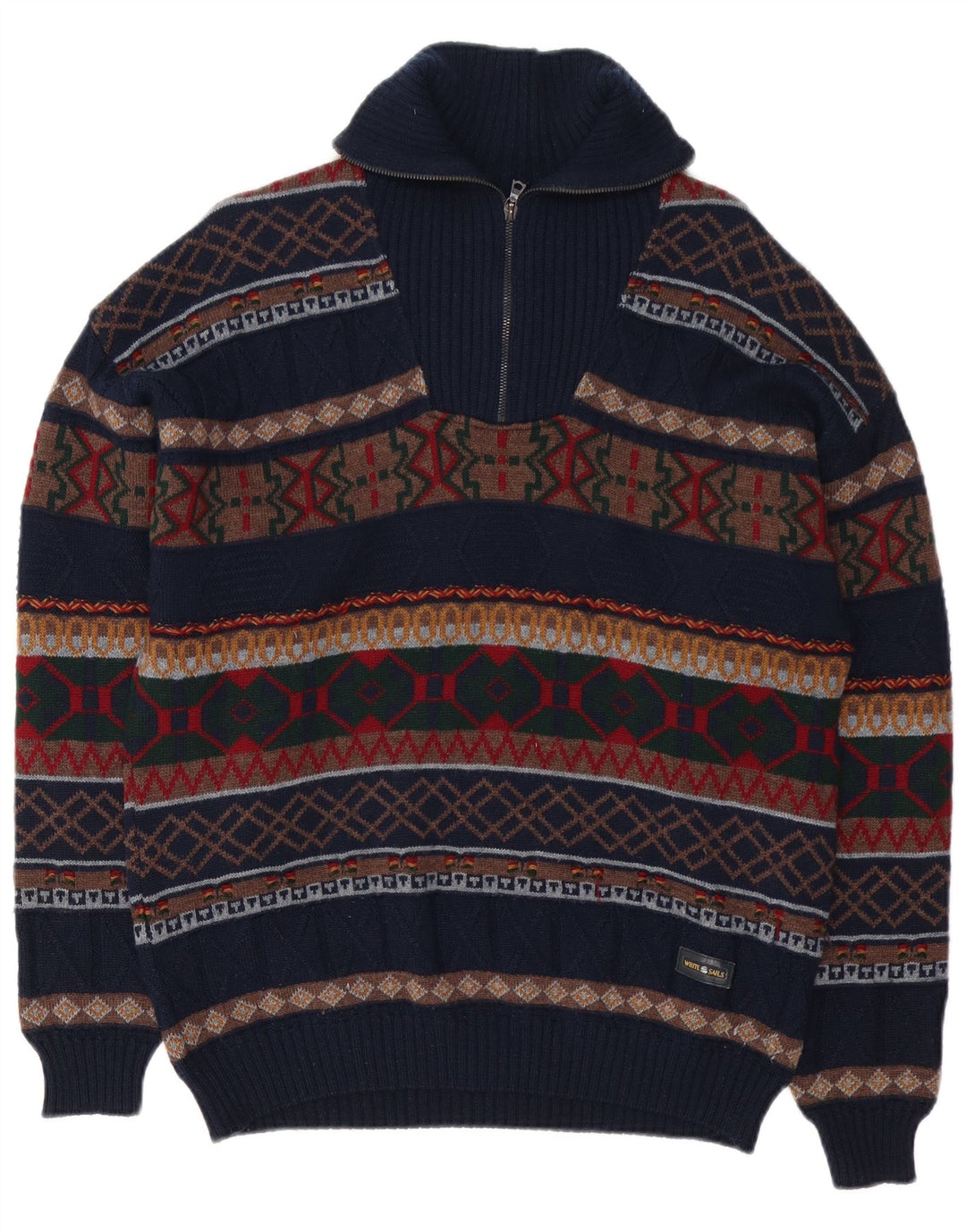 Jersey tipo jersey con cuello y cremallera para hombre de White Sails, talla grande, de lana Fair Isle, color azul marino