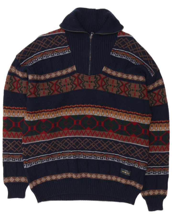 Jersey tipo jersey con cuello y cremallera para hombre de White Sails, talla grande, de lana Fair Isle, color azul marino