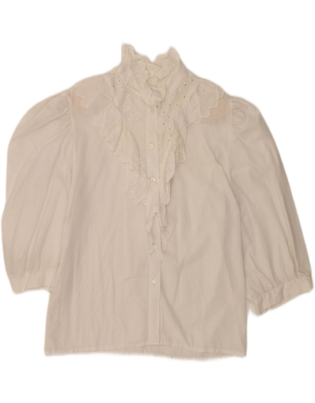 Vintage mujer 3/4 manga volante camisa delantera blusa Reino Unido 12 blanco medio