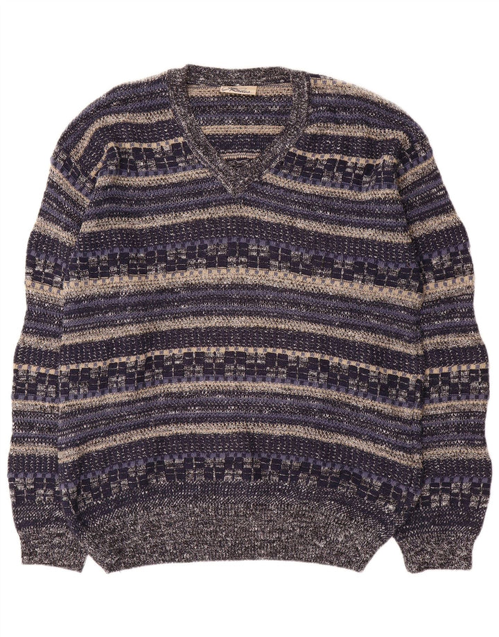 Rodes Hombre Jersey Con Cuello En V Jersey De Algodón Rayas Azul Marino Medio