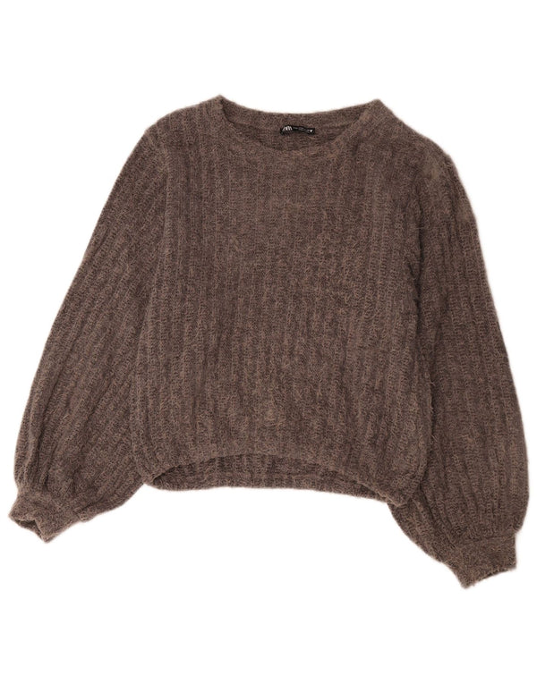 Zara - Jersey corto con cuello barco para mujer, talla 40, poliéster gris medio