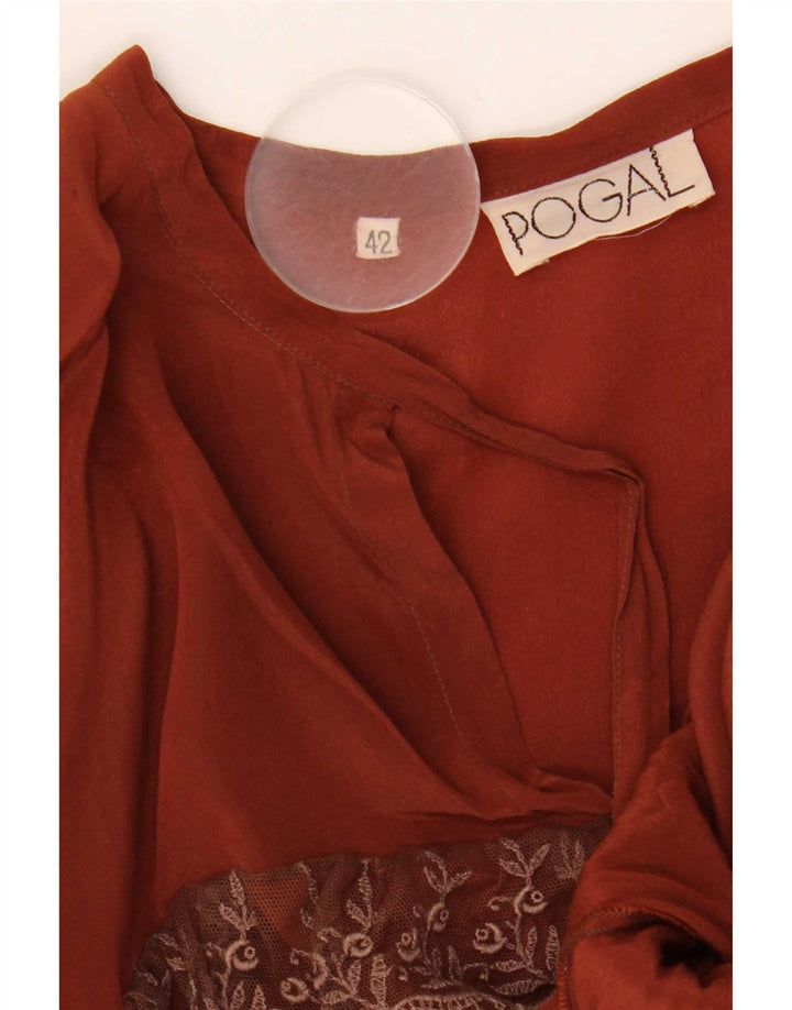 Vintage mujer ver a través de blusa de manga larga Top IT 42 Marrón Medio Floral