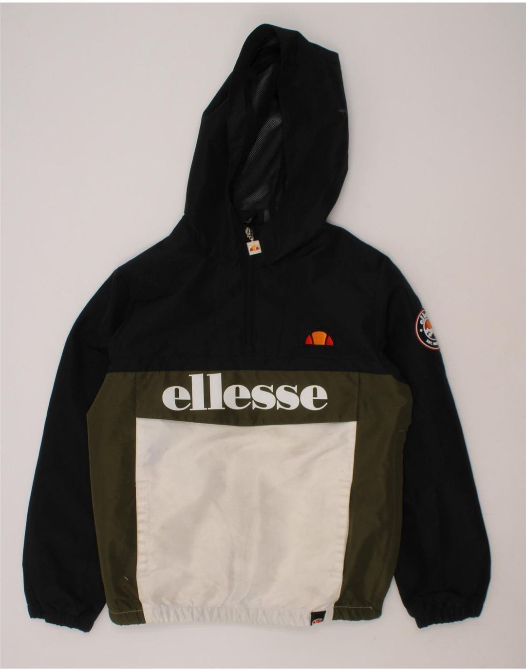 ELLESSE Boys Graphic Hooded Anorak Jacket 8-9 Years Black Colourblock Vintage Ellesse and Second-Hand Ellesse from Messina Hembry 