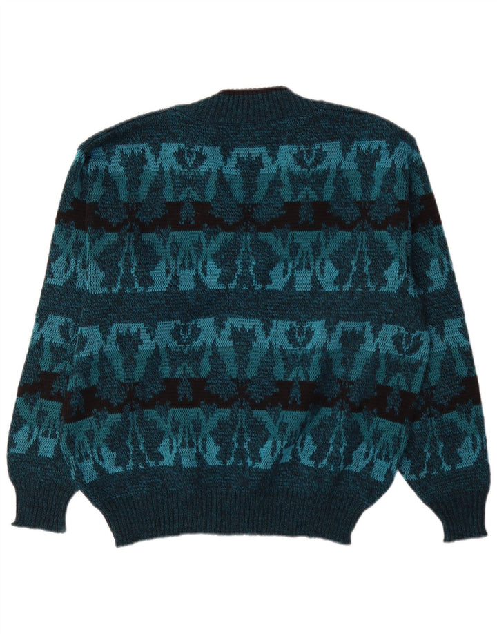 Vintage hombres V-cuello jumper suéter IT 50 azul medio Fair Isle