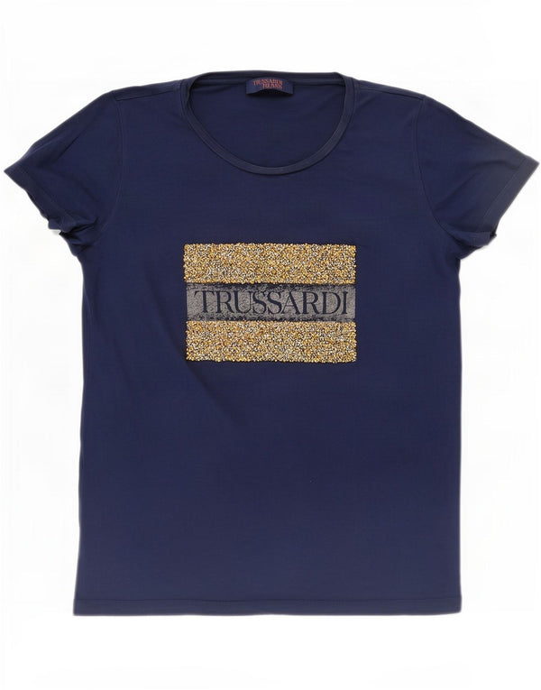 Trussardi Jeans Mujer Camiseta Gráfica Top UK 46 Large Azul Marino Algodón