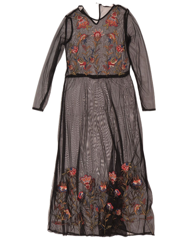Zara Mujer Trafaluc Maxi Vestido De Manga Larga UK 40 Small Negro Floral