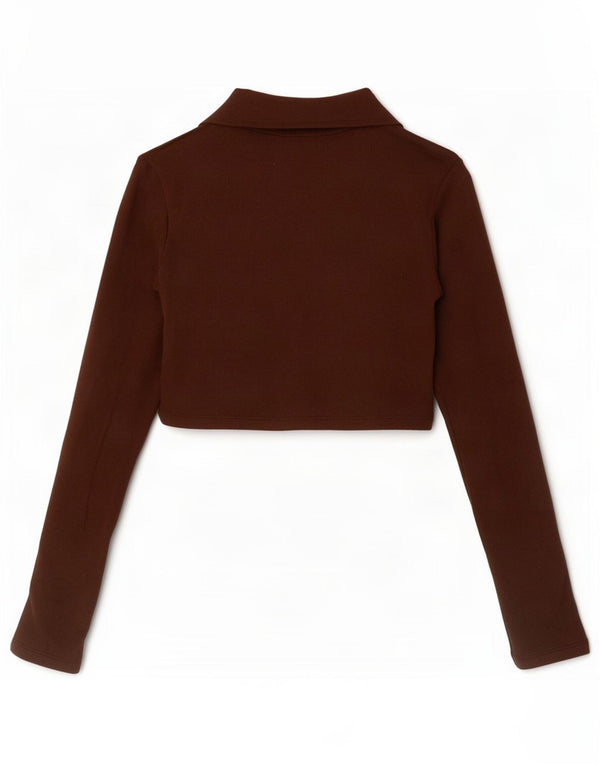 Zara Polo Corto De Manga Larga Para Mujer UK 8 Small Marrón Algodón