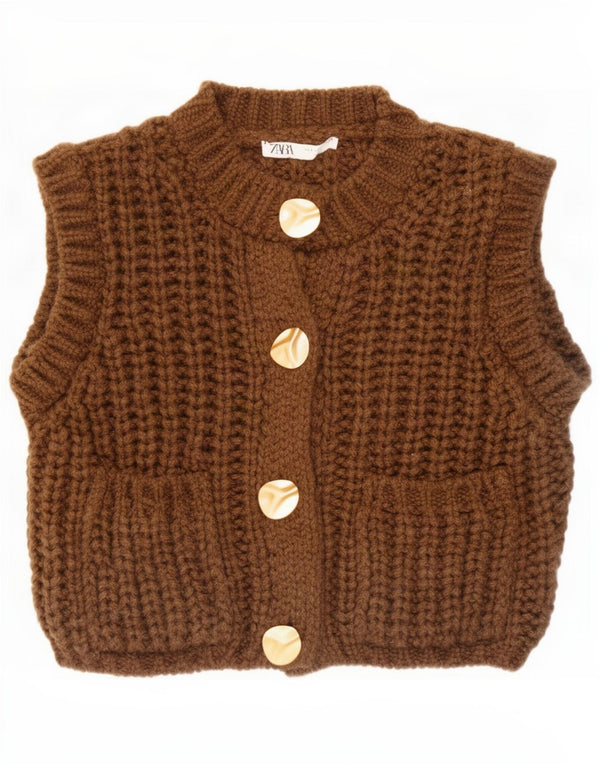 Zara Mujer Cárdigan Extragrande Sin Mangas Suéter UK 10 Small Marrón Acrílico