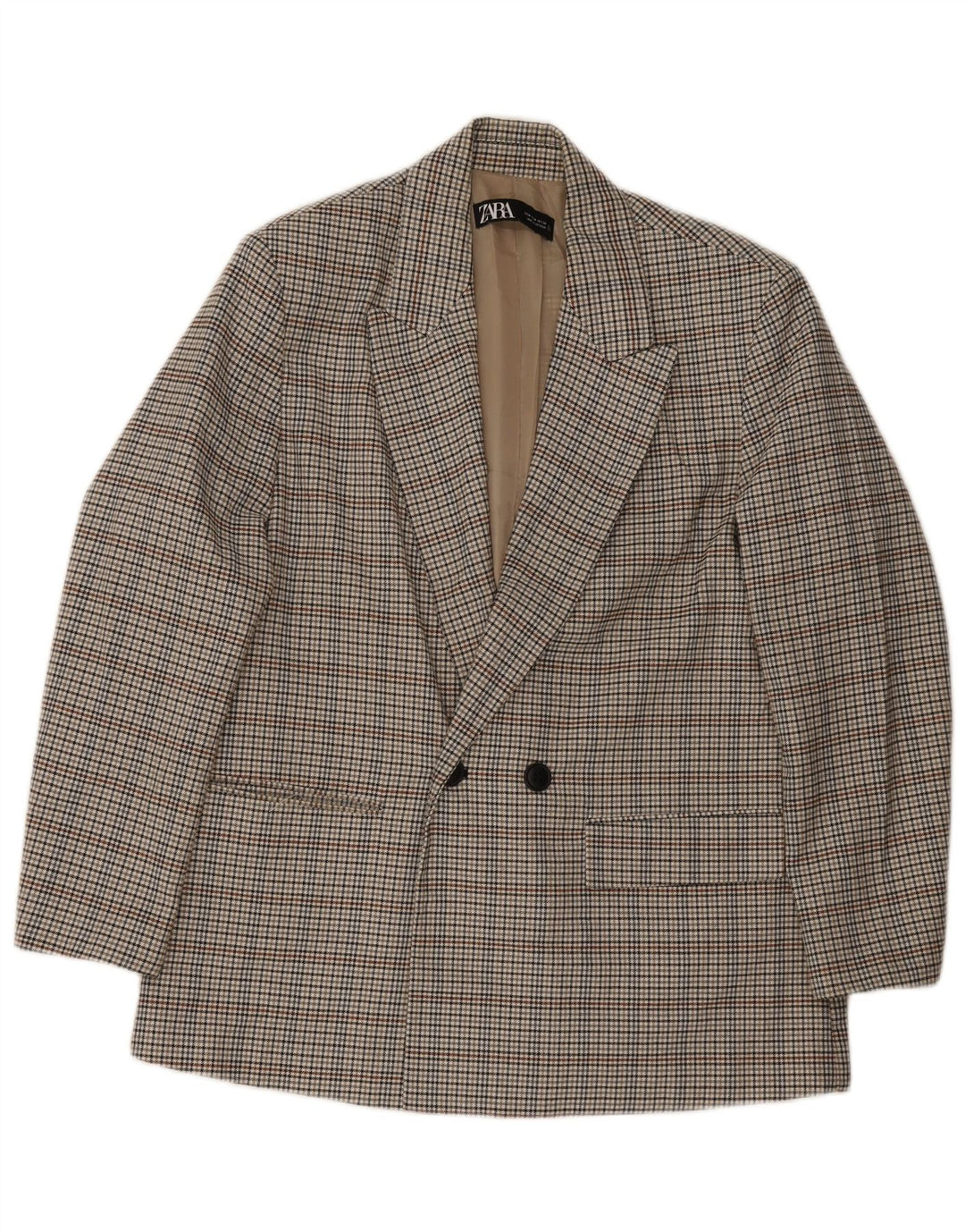 Zara Hombre Chaqueta Blazer De Doble Botonadura UK 38 Poliéster A Cuadros Gris Medio