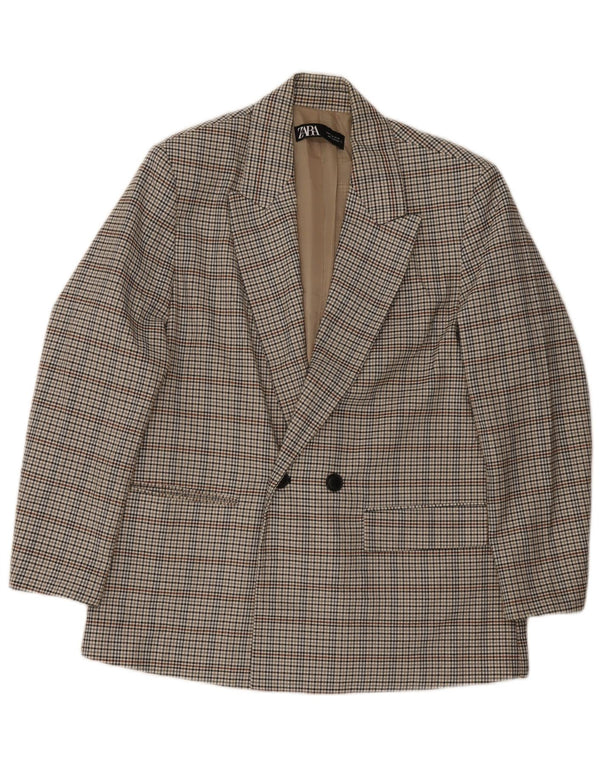 Zara Hombre Chaqueta Blazer De Doble Botonadura UK 38 Poliéster A Cuadros Gris Medio