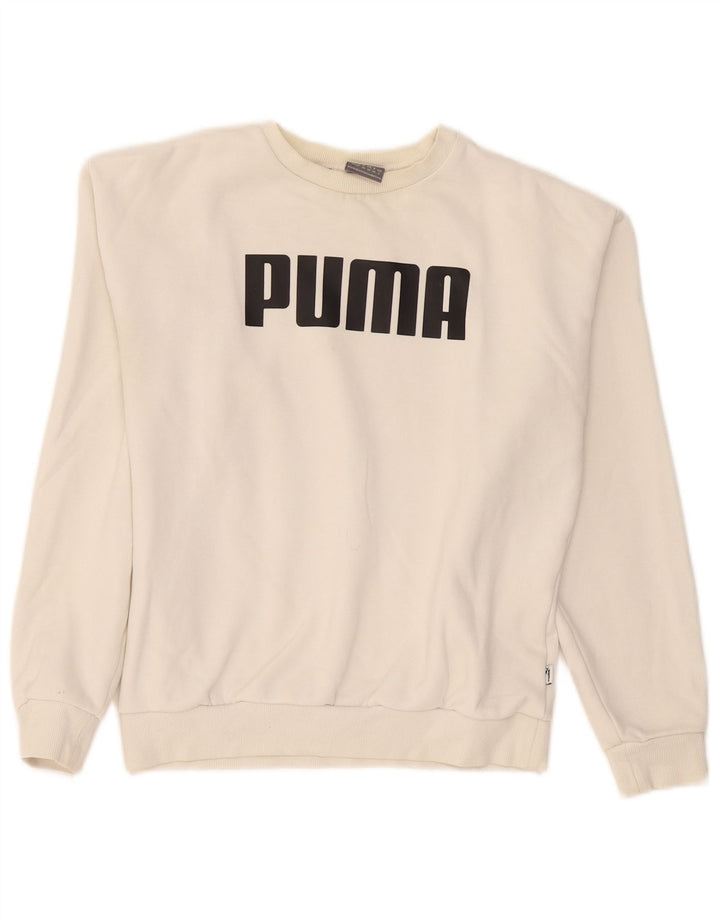 Puma Mujer Gráfico Sudadera De Gran Tamaño Jersey Reino Unido 8 Pequeño Algodón Blanco