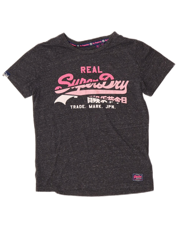 Superdry Mujer Camiseta Gráfica Top UK 10 Small Gris Moteado Algodón
