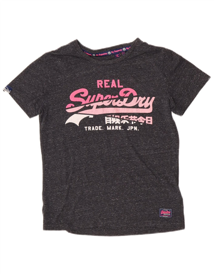 Superdry Mujer Camiseta Gráfica Top UK 10 Small Gris Moteado Algodón