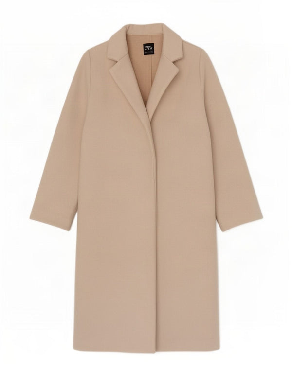 Zara Mujer Abrigo Abierto UK 42 Poliéster Beige Medio