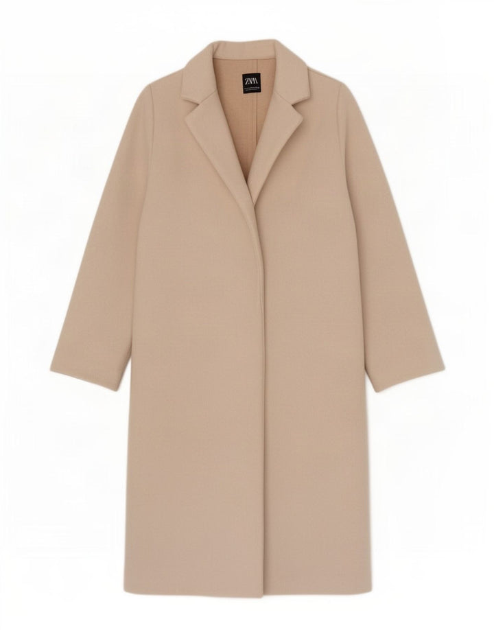 Zara Mujer Abrigo Abierto UK 42 Poliéster Beige Medio