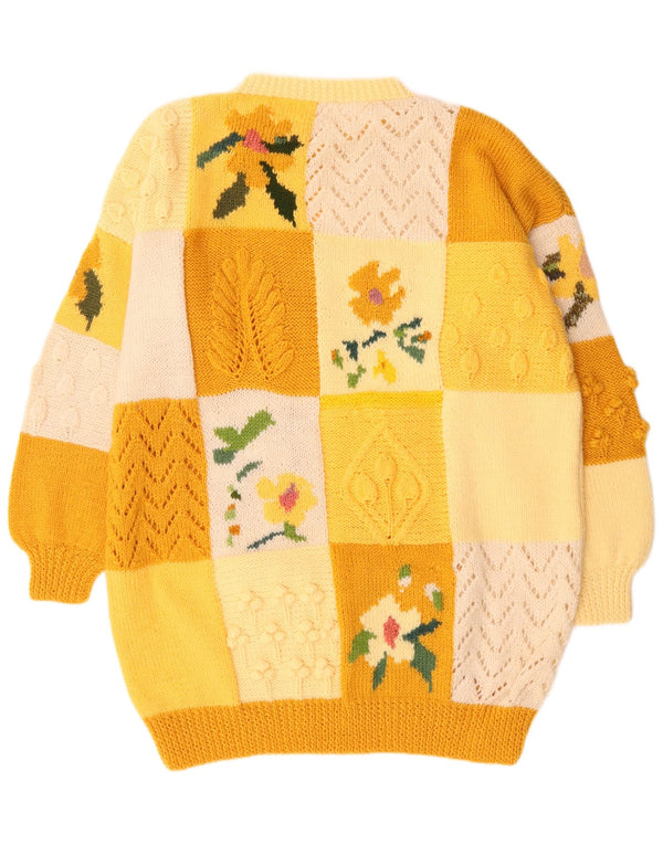 Vintage mujer manga larga jumper vestido Reino Unido 22 3XL amarillo patchwork