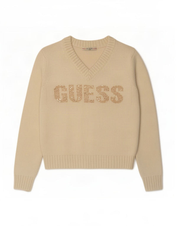Guess Womens Crop Graphic V-Neck Jumper Sweater UK 10 Small Off White