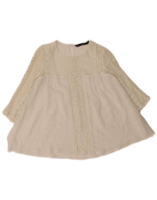 Zara Mujer Trafaluc Blusa Manga 3/4 Top Reino Unido 10 Pequeño Blanco Floral