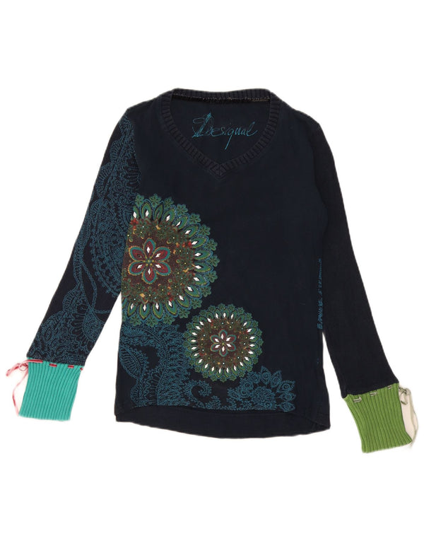 Desigual - Jersey con cuello en V para mujer, talla XL, algodón floral, color azul marino