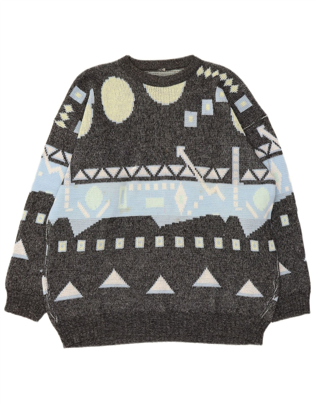 Vintage hombres cuello redondo jersey suéter grande gris geométrico