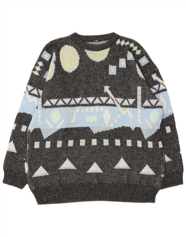 Vintage hombres cuello redondo jersey suéter grande gris geométrico