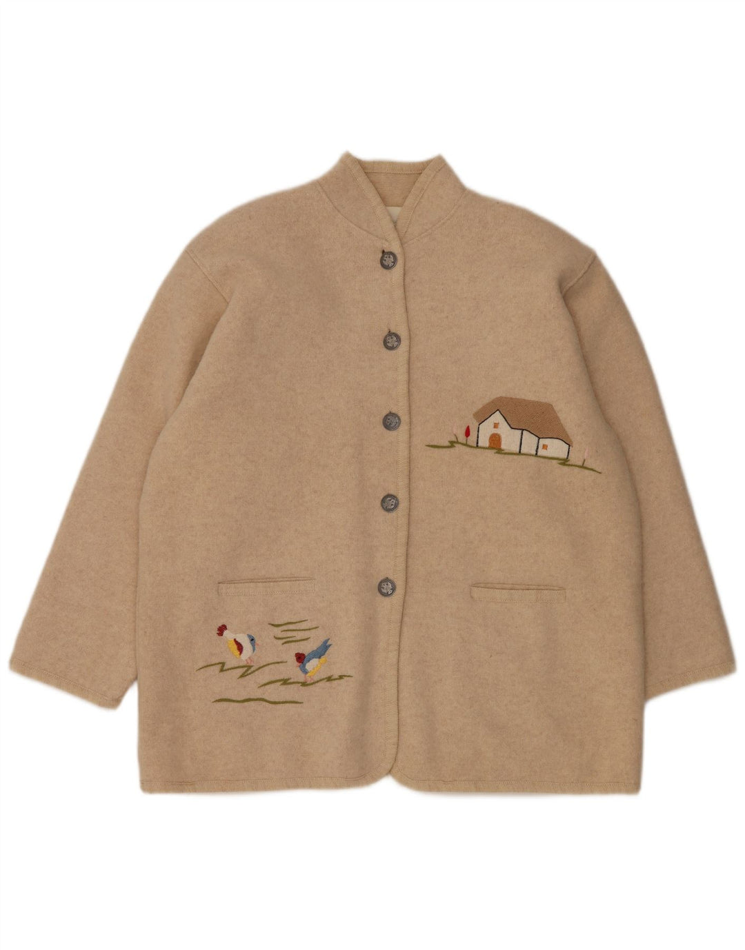 VINTAGE Mujer Gráfico 5 Botón Blazer Chaqueta Reino Unido 14 Grande Beige