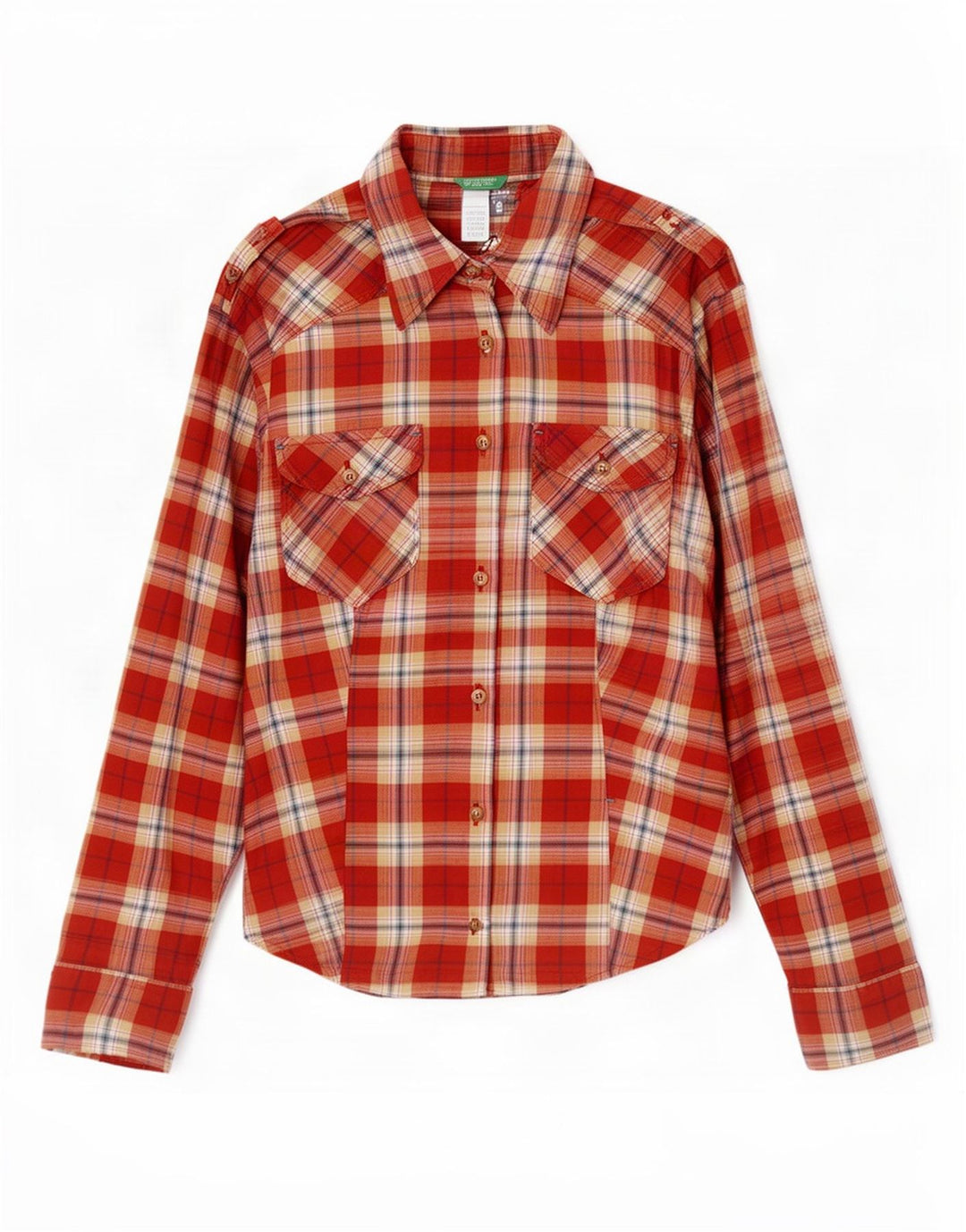 Camisa De Franela Militar Benetton Mujer ES 40 Mediano Cuadros Rojos