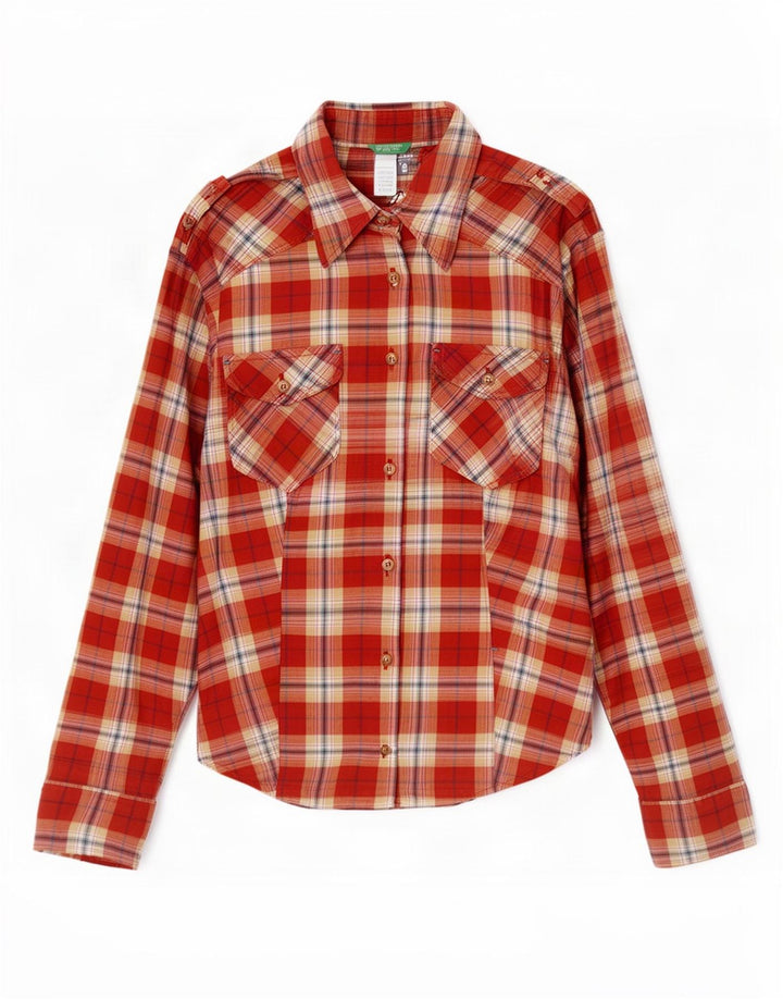 Camisa De Franela Militar Benetton Mujer ES 40 Mediano Cuadros Rojos