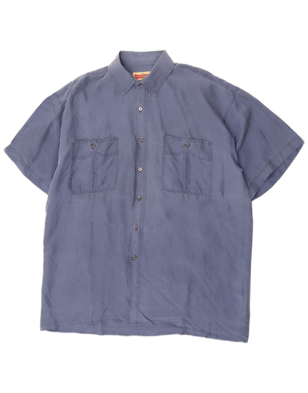 Vintage hombres camisa de manga corta grande azul seda clásico