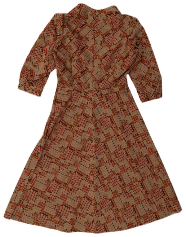 Vintage mujer 3/4 manga A-Line vestido Reino Unido 10 pequeño marrón geométrico