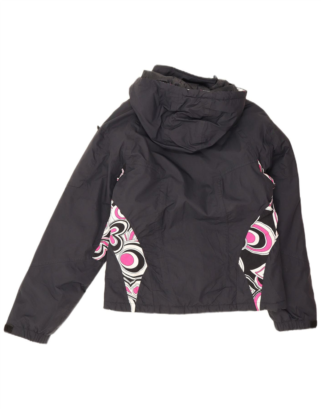 Vintage mujer chaqueta de esquí con capucha Reino Unido 16 poliamida geométrica azul marino grande