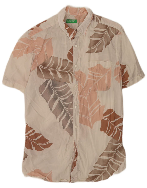Benetton Camisa De Manga Corta De Algodón Floral Blanco Mediano Hombre