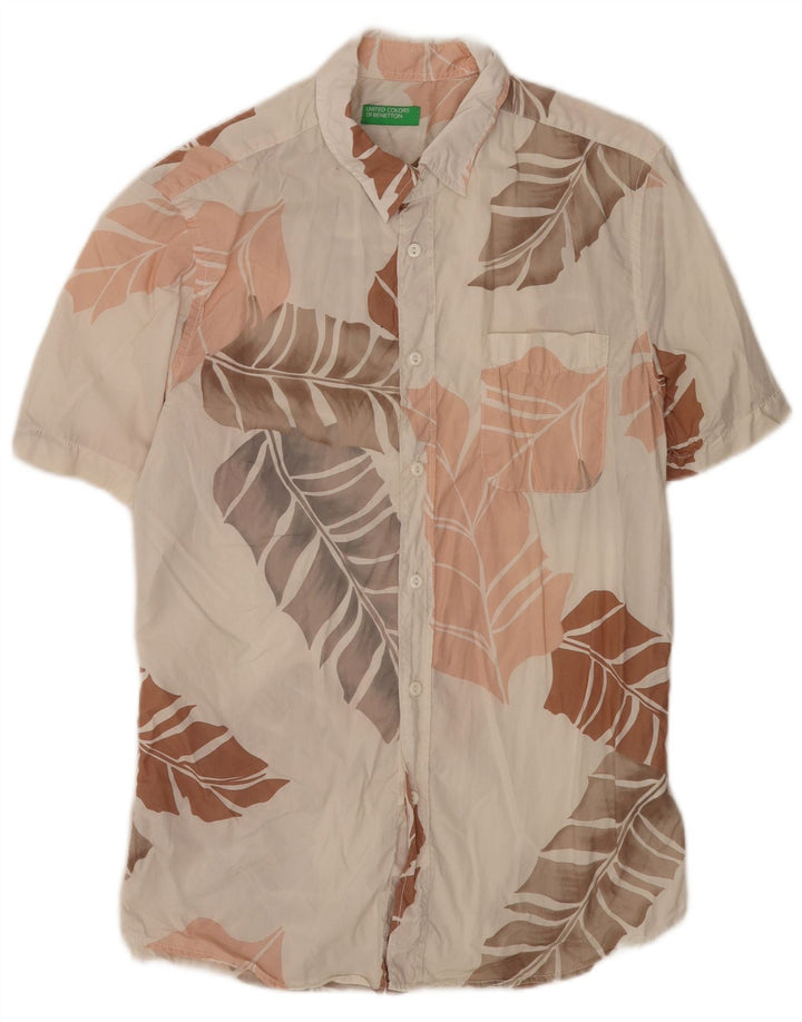 Benetton Camisa De Manga Corta De Algodón Floral Blanco Mediano Hombre