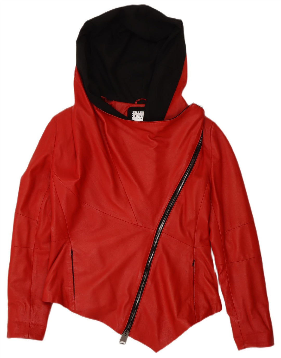 VINTAGE Chaqueta de cuero con capucha asimétrica para mujer Reino Unido 16 Cuero rojo grande