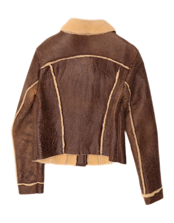 Vintage mujer crop shearling chaqueta Reino Unido 14 gran marrón shearling