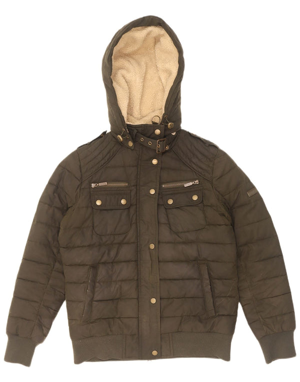 Barbour Chaqueta Acolchada De Algodón Encerado Con Capucha Para Mujer UK 12 Medium Khaki
