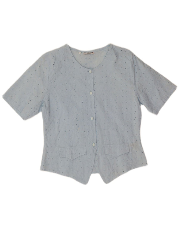 Vintage mujer camisa de manga corta blusa Reino Unido 14 algodón floral azul medio