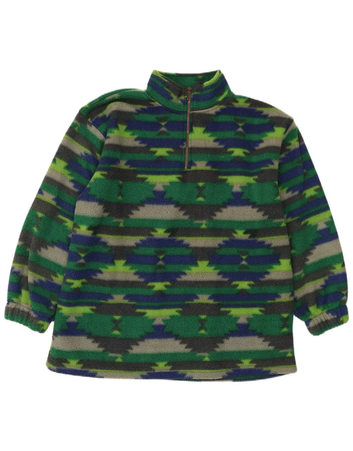 Vintage hombres zip cuello polar jumper grande verde geométrico poliéster
