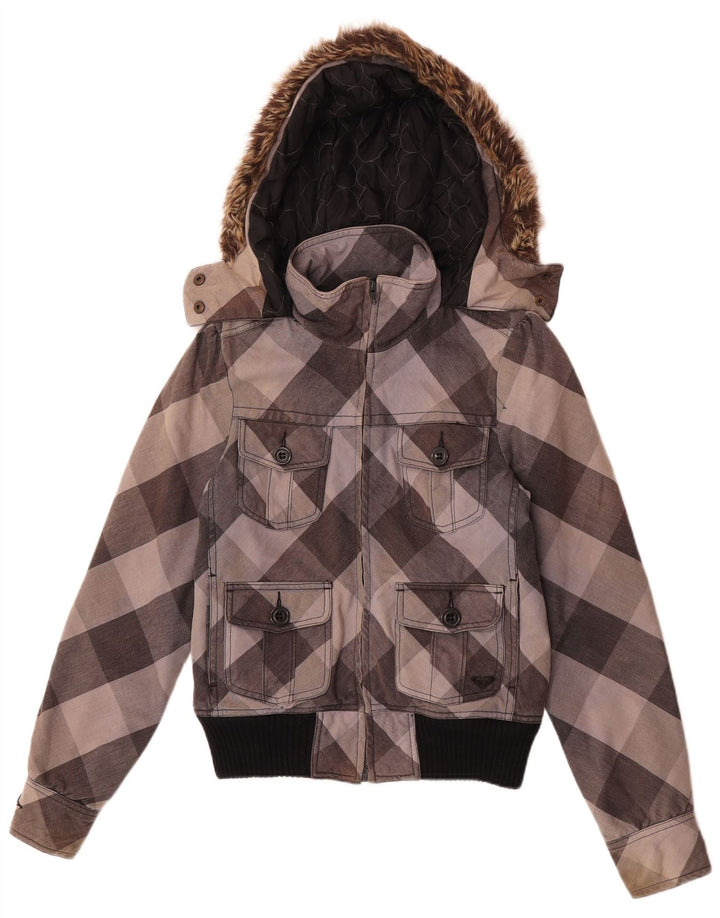 Roxy Chaqueta Bomber con Capucha para Mujer UK 10 Small Grey Check Cotton