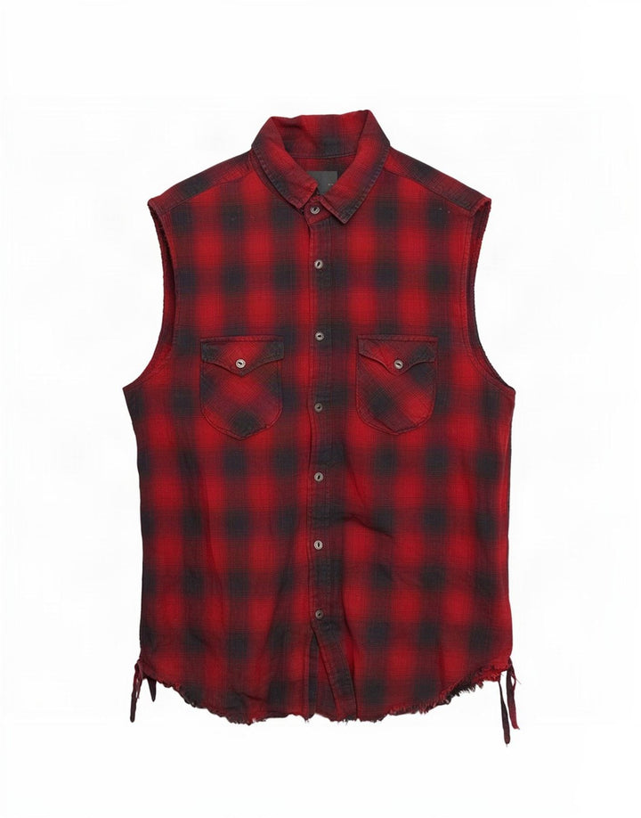 Zara Hombre Camisa De Franela Regular Fit Sin Mangas Cuadros Rojos Medianos
