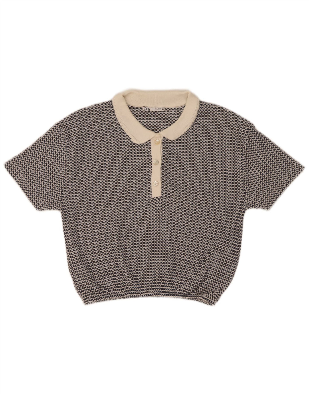 Zara Polo Corto Mujer UK 10 Poliéster Geométrico Azul Pequeño