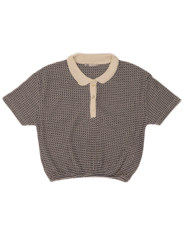 Zara Polo Corto Mujer UK 10 Poliéster Geométrico Azul Pequeño