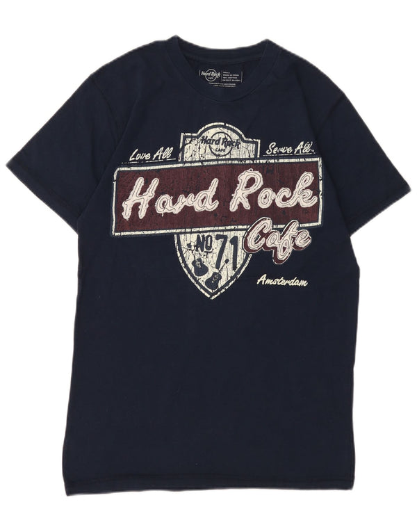Hard Rock Cafe Mens Amsterdam Graphic Camiseta Top Pequeño Azul Marino Algodón