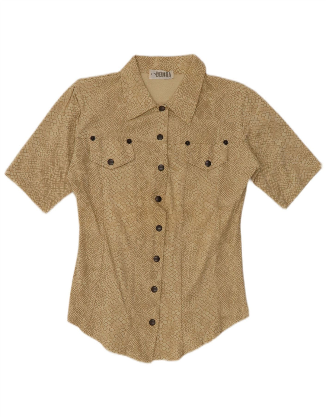 VINTAGE Camisa de patrón abstracto para mujer Reino Unido 12 Estampado animal beige medio