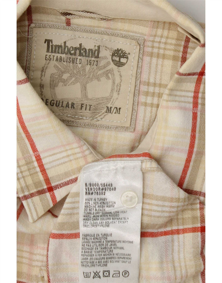 Camisa Timberland Hombre Manga Corta Regular Fit Lino A Cuadros Beige Medio
