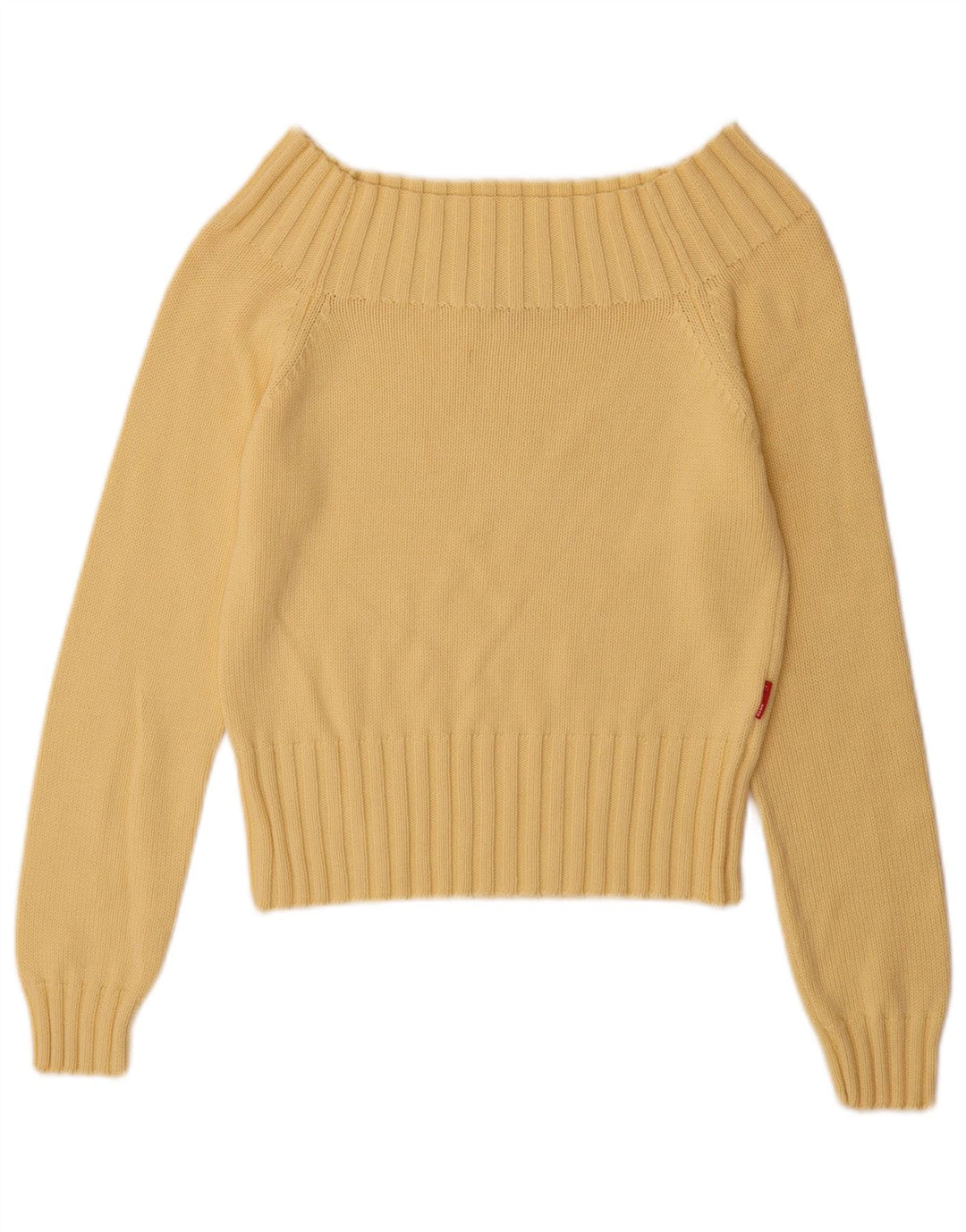 Vintage mujer fuera del hombro suéter Reino Unido 12 algodón amarillo medio