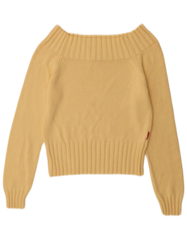 Vintage mujer fuera del hombro suéter Reino Unido 12 algodón amarillo medio