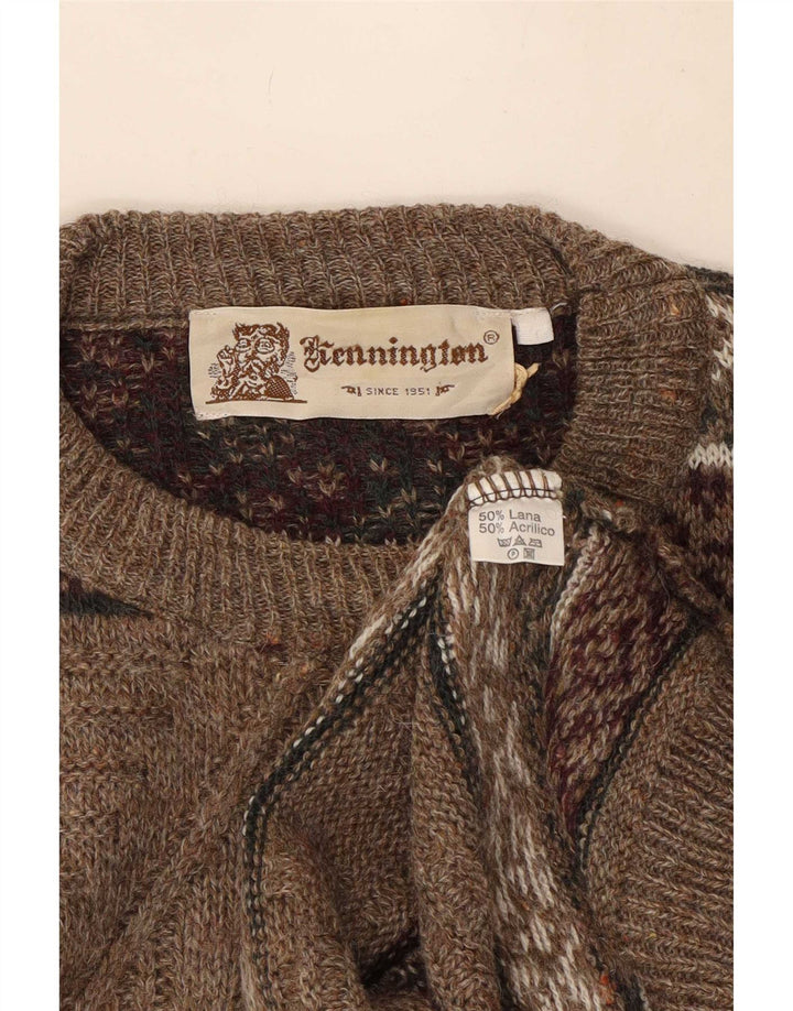 Kennington - Jersey de cuello redondo para hombre, talla grande, color marrón, lana Fair Isle