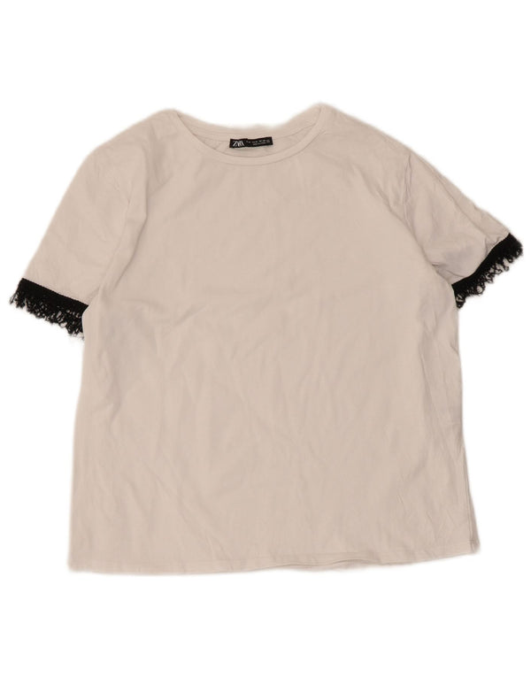 Zara Mujer Camiseta Top UK 40 Medium Blanco Colorblock Algodón
